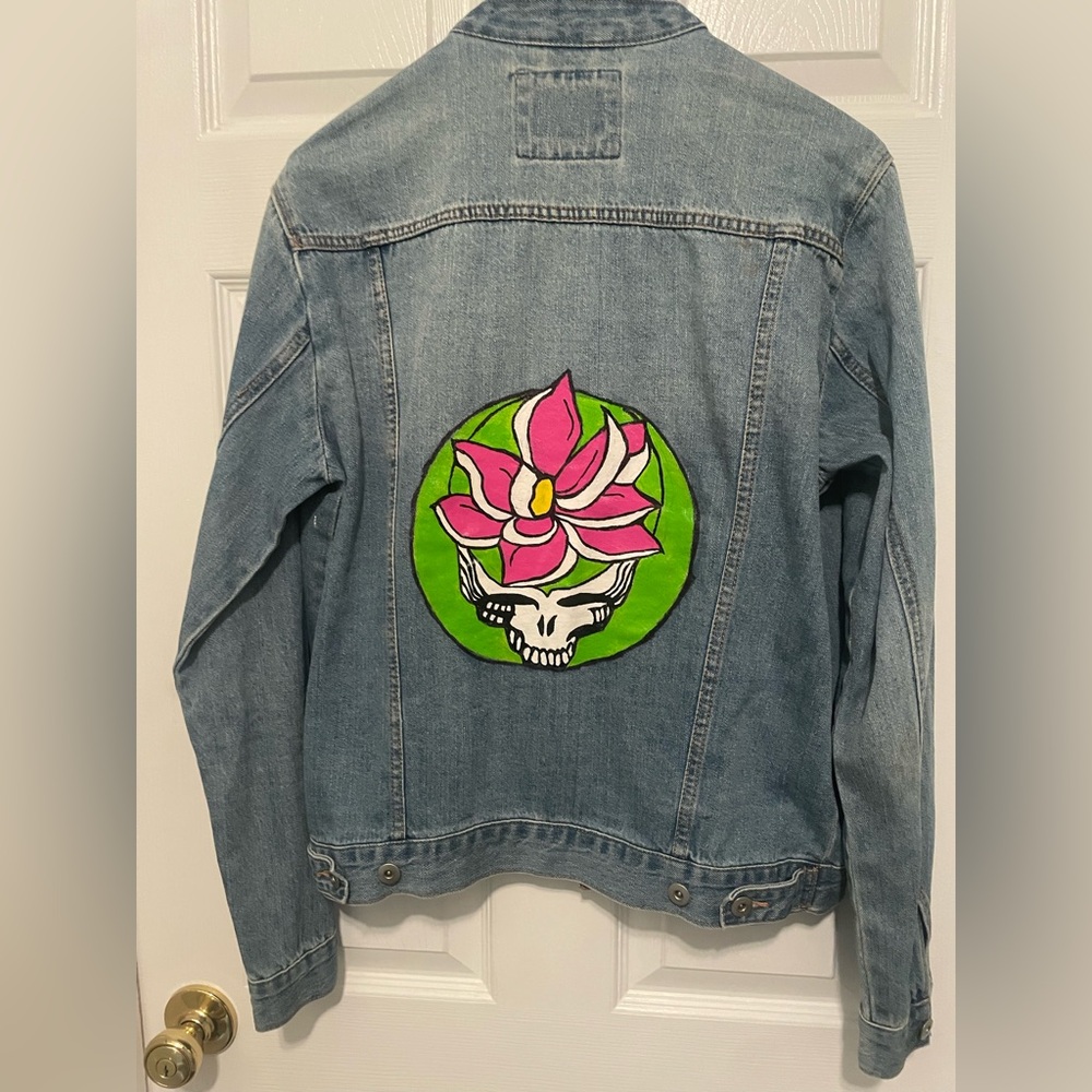 Forever 21 Light Blue Denim Jacket with Pink & Green Skull Flower Patch
